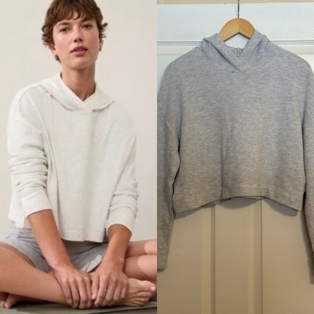 Athleta Waffle Tranquil Heather Gray Cropped Hoodie XS OVERSIZED FIT